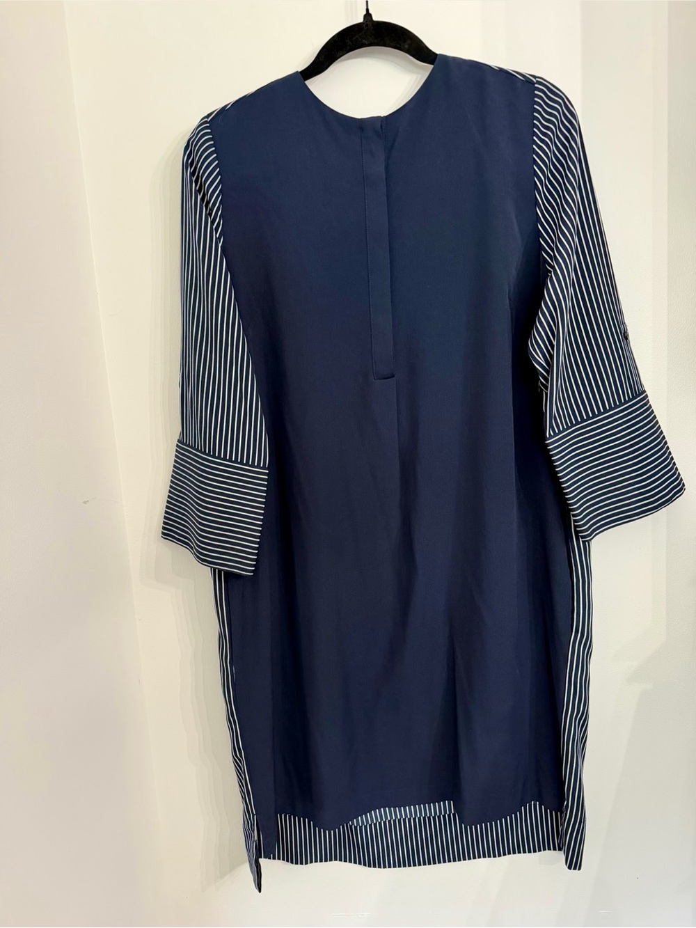 LOFT Navy Blue Shirt Dress with Striped Sleeves & Back – Petite Large